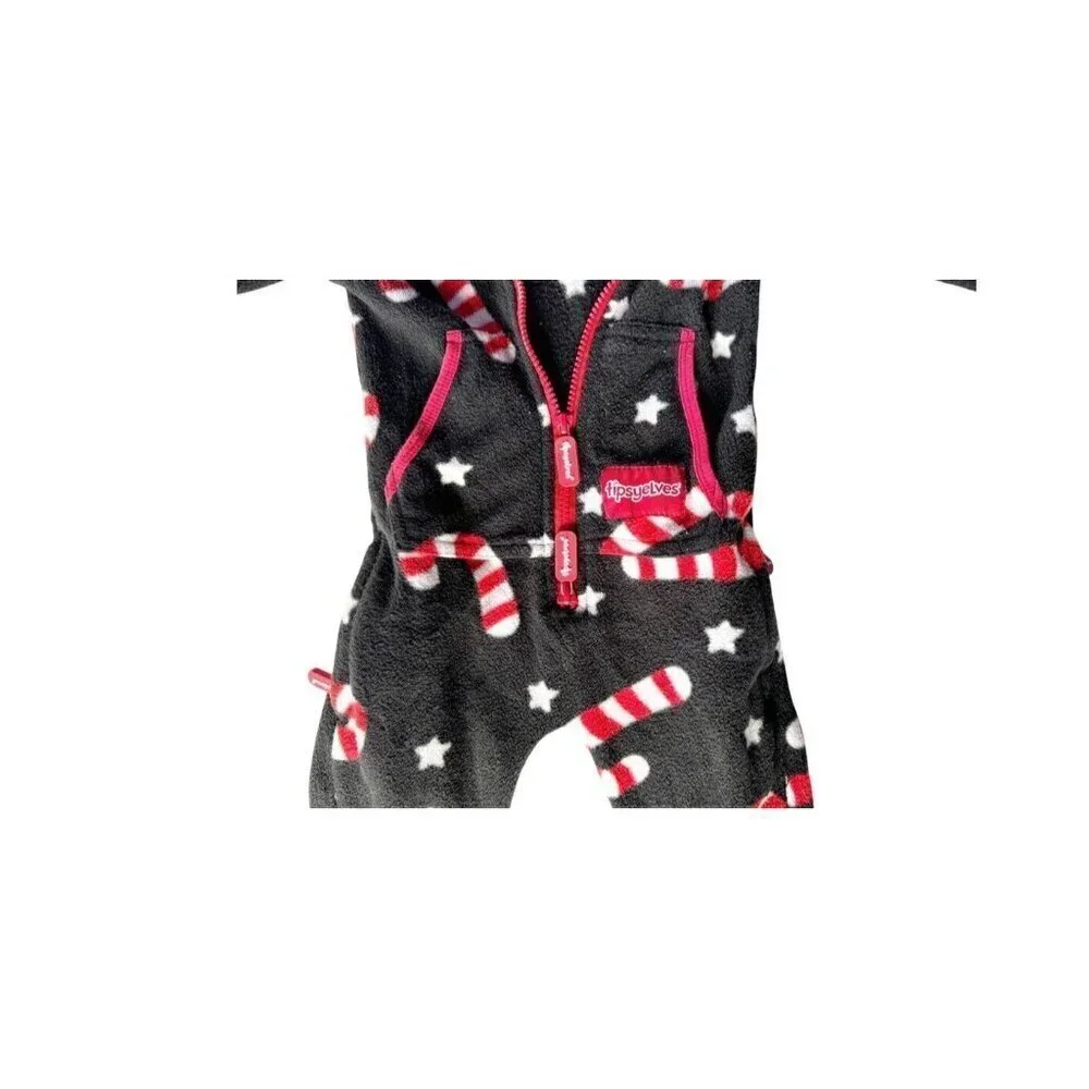 TIpsy Elves Candy Cane Lane Jumpsuit Boys or Girls Sz XS Black Red Full Zip